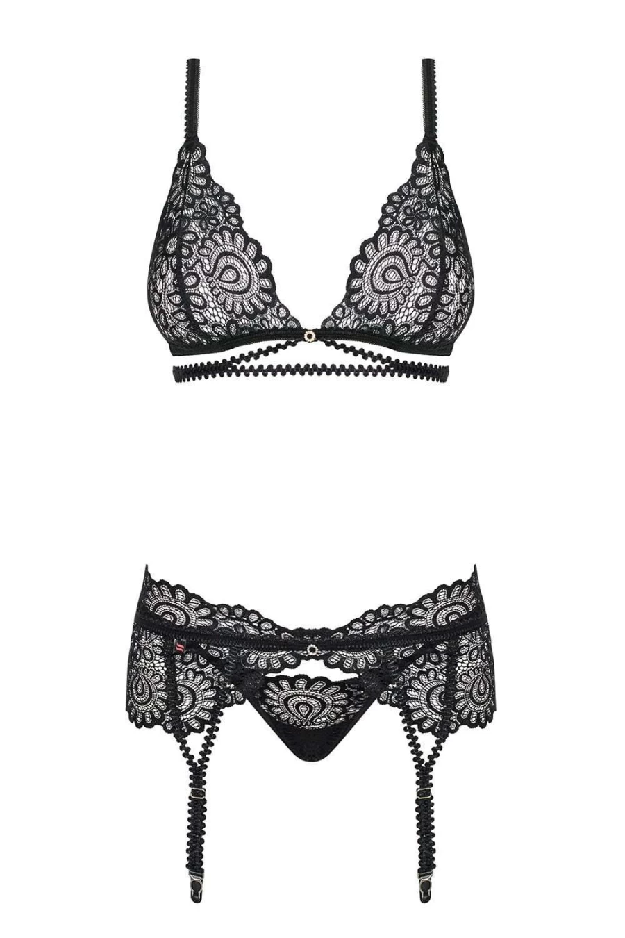 Obsessive Black Mixty Lace Bra, Thong & Garter Belt Set - Size L-XL (UK 12-14)