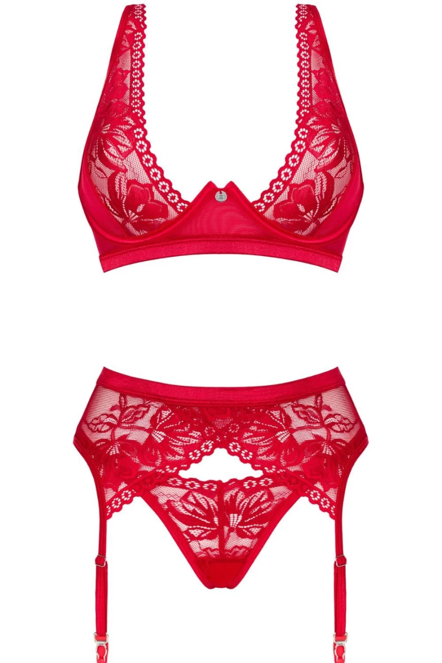 Obsessive Red Lace Love Bra Thong & Suspender Set