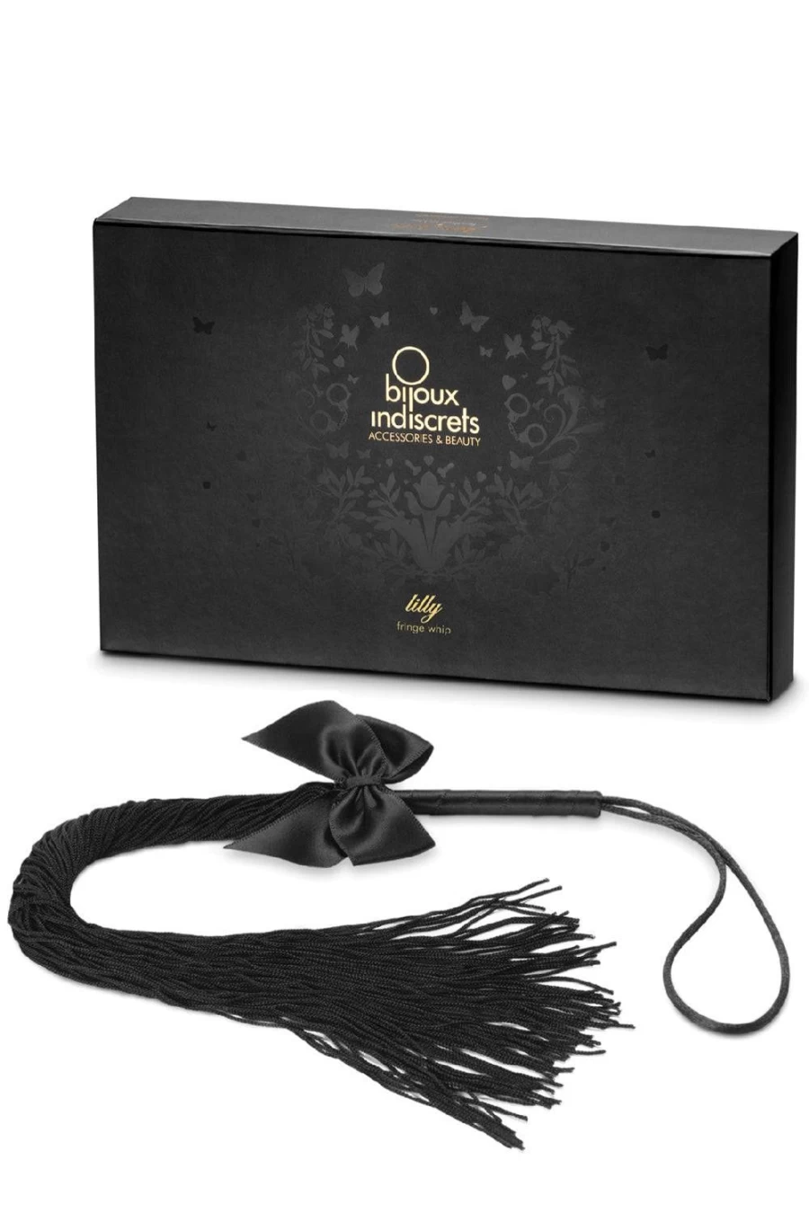 Black Lily Fringe Whip by Bijoux Indiscrets - Elegant BDSM Accessory