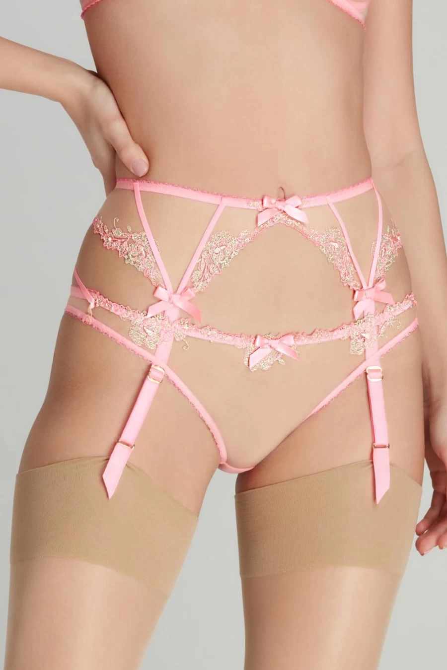 Agent Provocateur Tessy Suspender in Pink & Sand - Luxury Lingerie Garter Belt