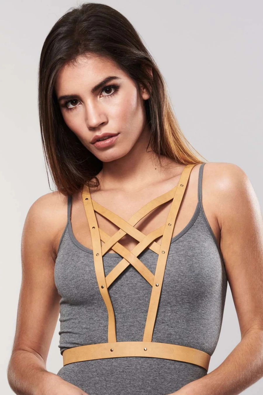 Bijoux Indiscrets Light Brown Maze Cross Cleavage Harness Lingerie Accessory