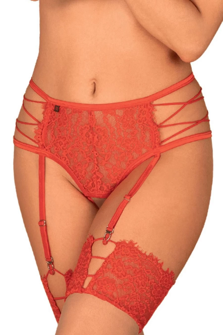 Obsessive Red Lace Crotchless Suspender Thong with Garter Straps