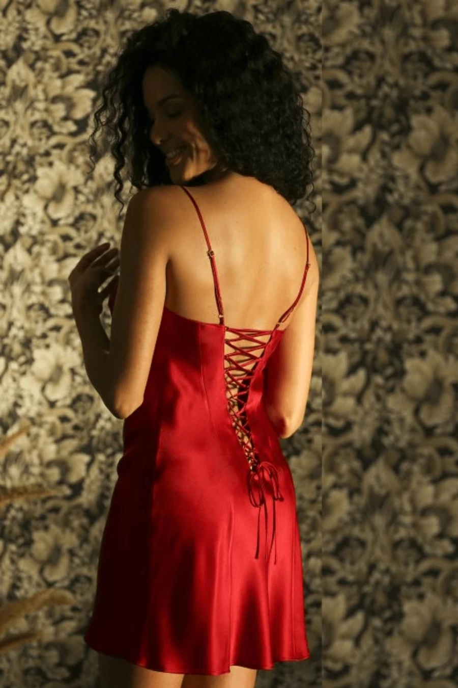 Marjolaine Red Soie Unie Lace Up Slip Dress - Elegant Silk Slip with Lace Up Detail