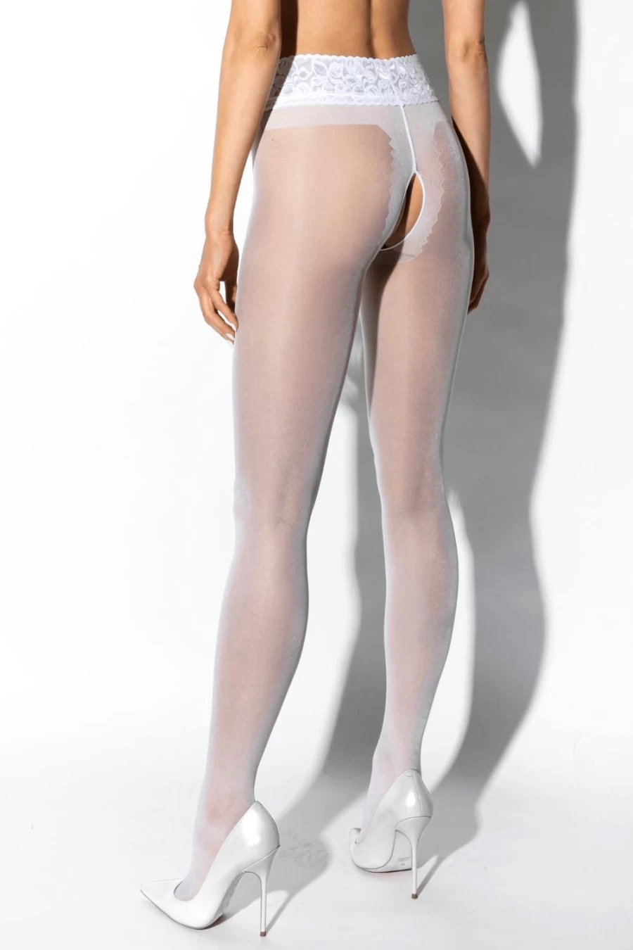 Amour White 30 Denier Crotchless Lace Tights for Sensual Wear