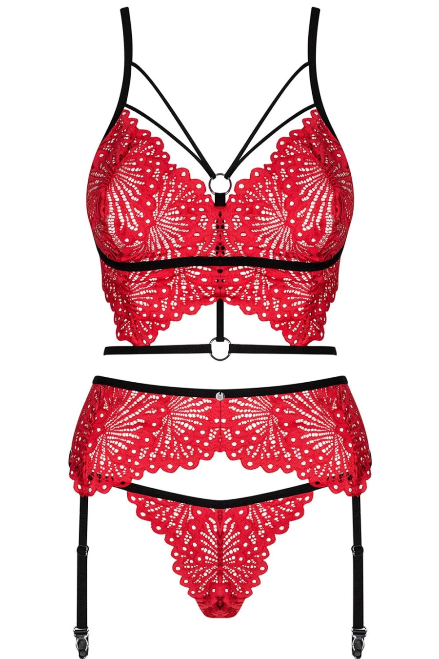 Obsessive Mettia Red/Black Lingerie Set - Bra, Brief & Suspender for Women