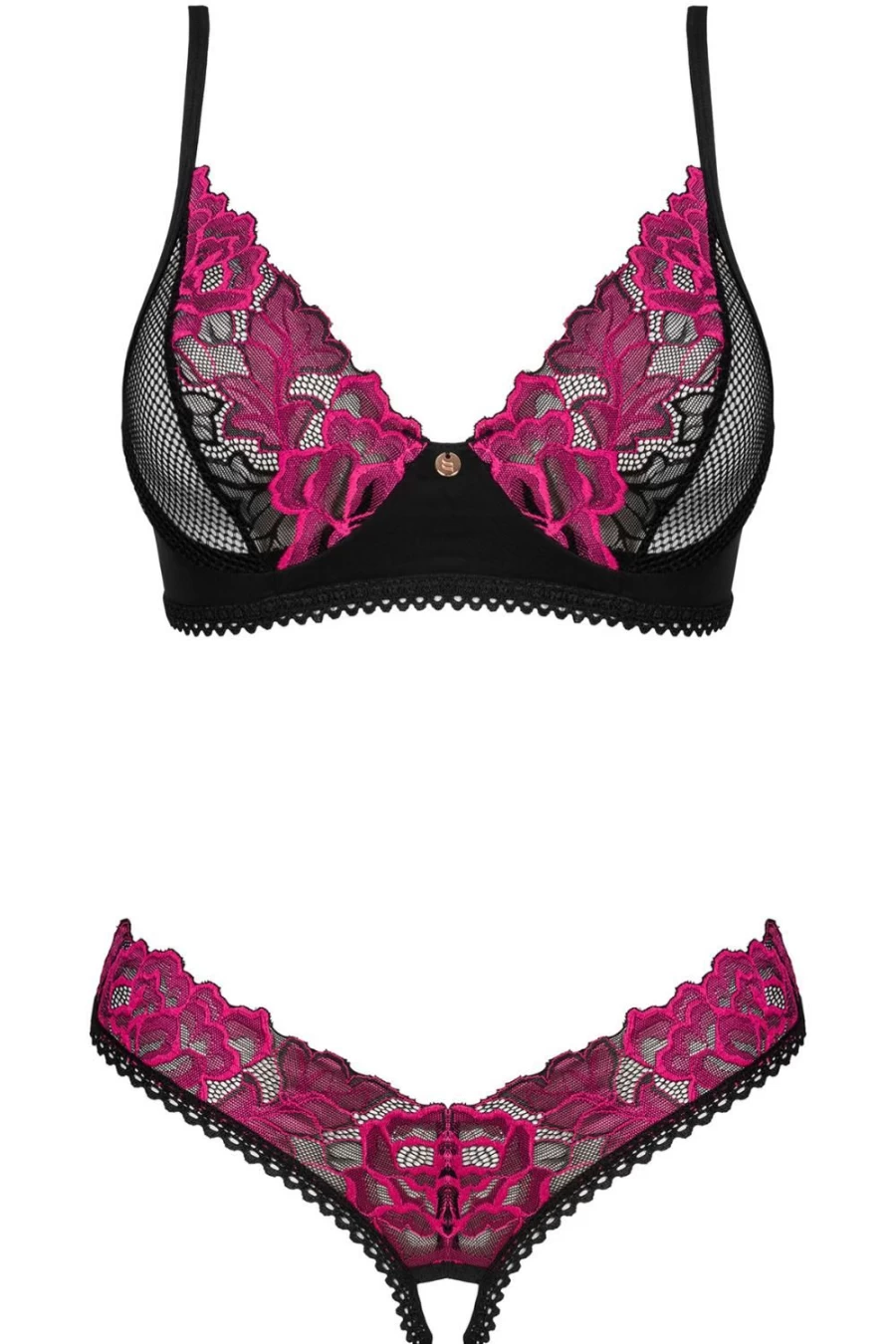 Obsessive Black Rosenty Lace Bra & Crotchless Thong Set - Seductive Lingerie