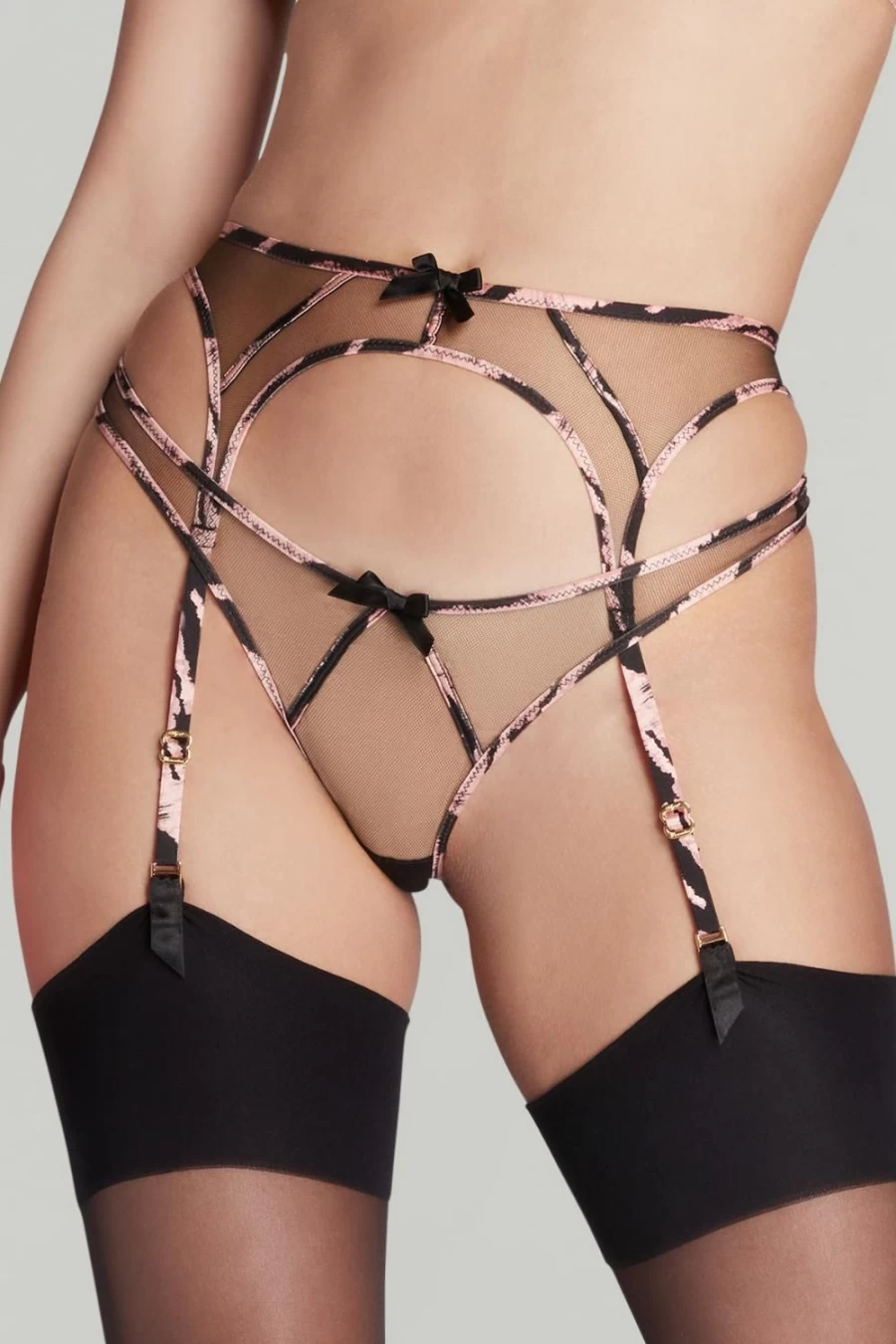 Agent Provocateur Ellise Black & Pink Lace Suspender Belt - Stylish Lingerie Accessory
