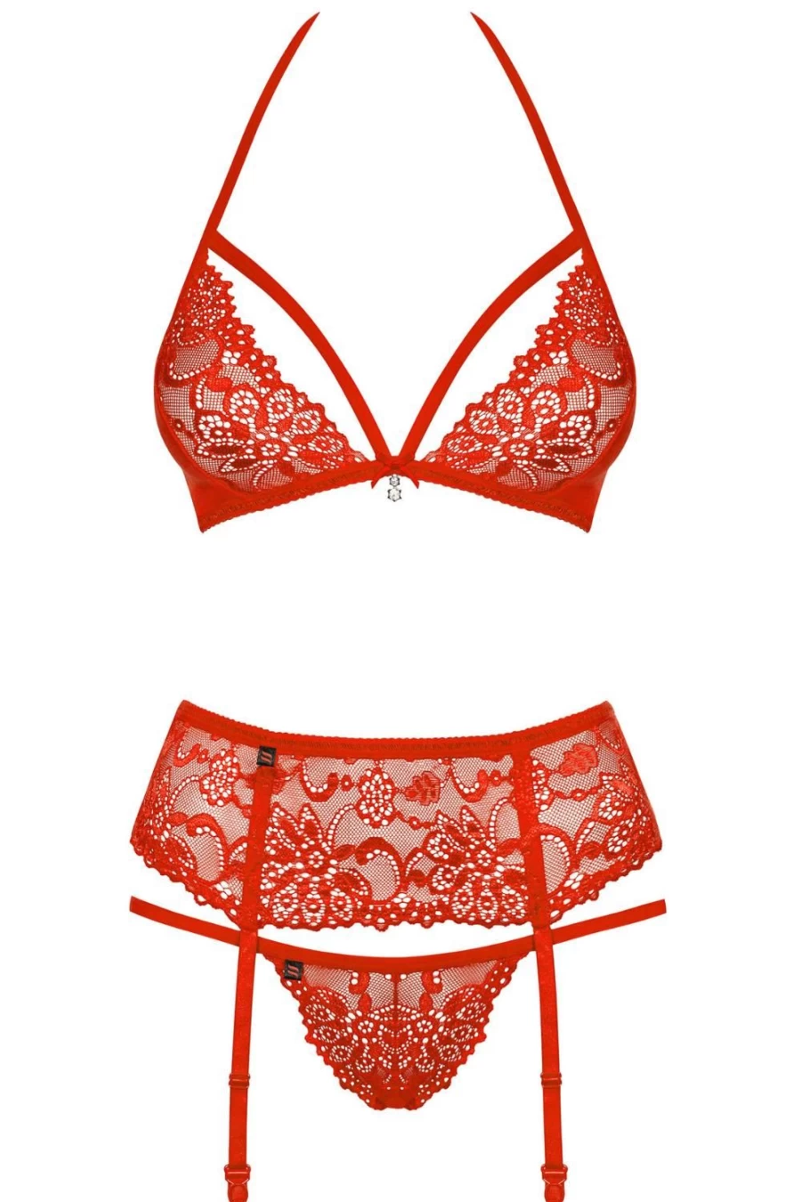 Obsessive Red Lace 838 Bra, Thong & Garter Belt Set - Sexy Lingerie