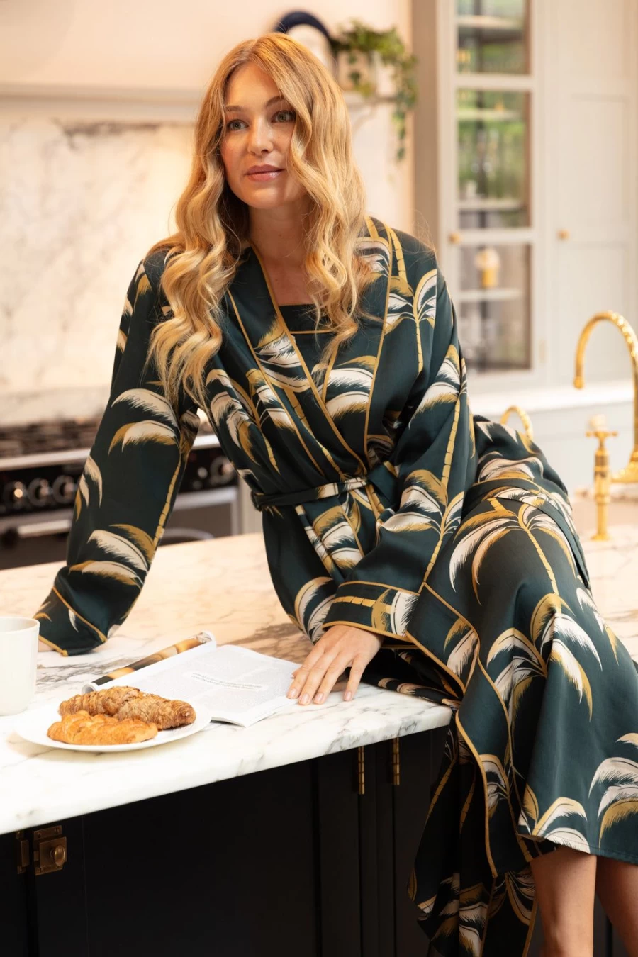 Fable & Eve Emerald Green Palm Print Long Dressing Gown - Luxurious Women's Robe