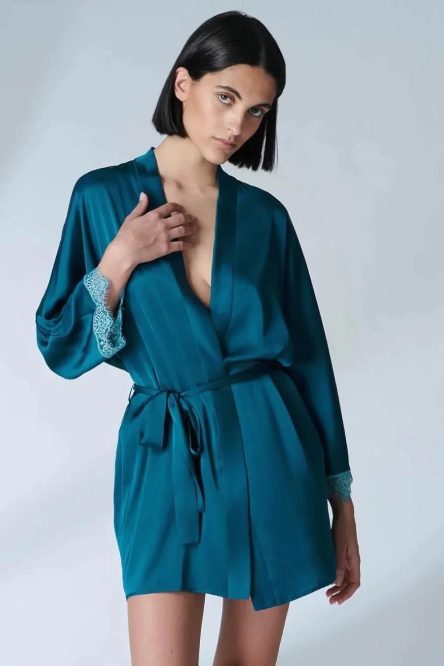 Simone Pérèle Cyan Blue Satin Kimono Robe - Size L (UK 12-14) Luxurious Women's Loungewear