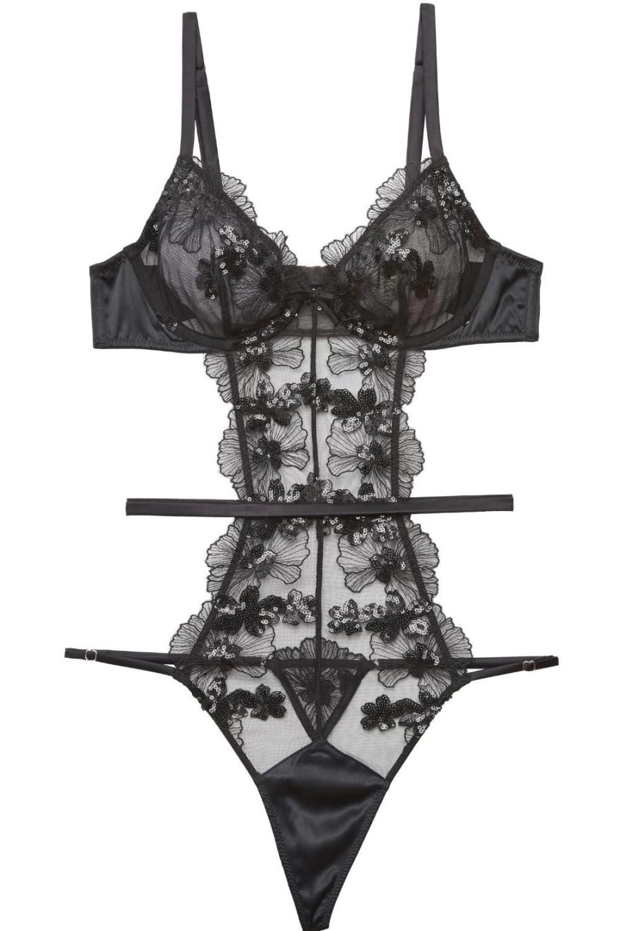 Fleur Du Mal Black Sequin Embroidered Underwire Thong Bodysuit for Women