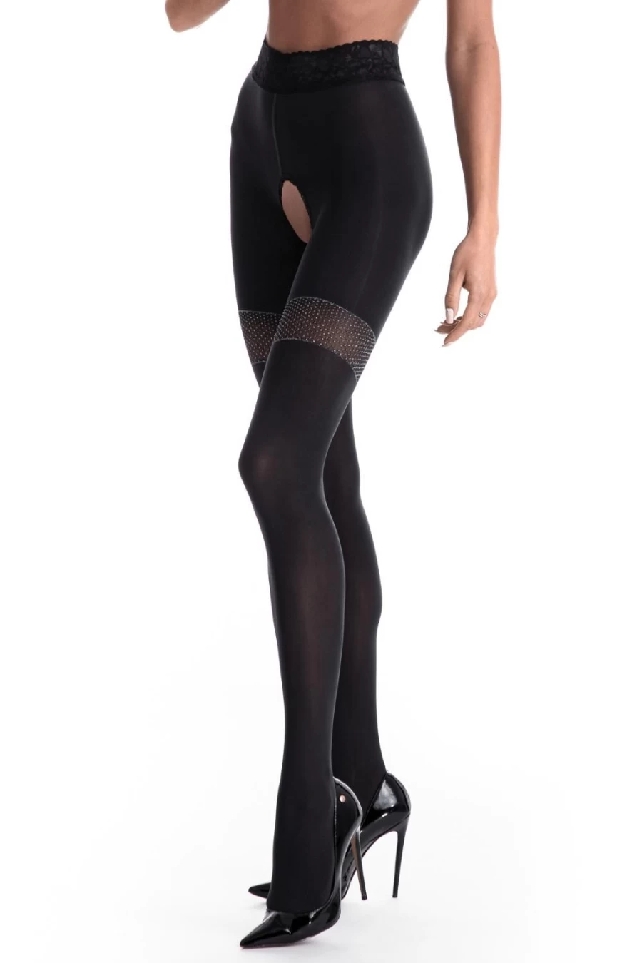Amour Black 80 Denier Glamour Crotchless Tights for Women - Sexy Sheer Lingerie Stockings