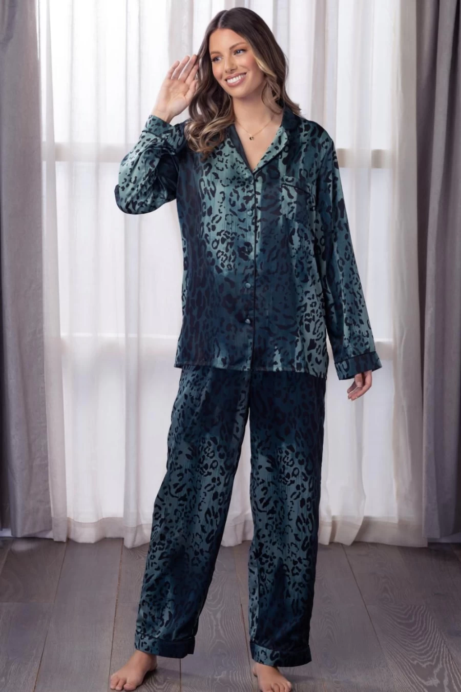 "Sainted Sisters Teal Animal Print Sienna Satin Pyjama Set - Luxury Women's Pajamas"