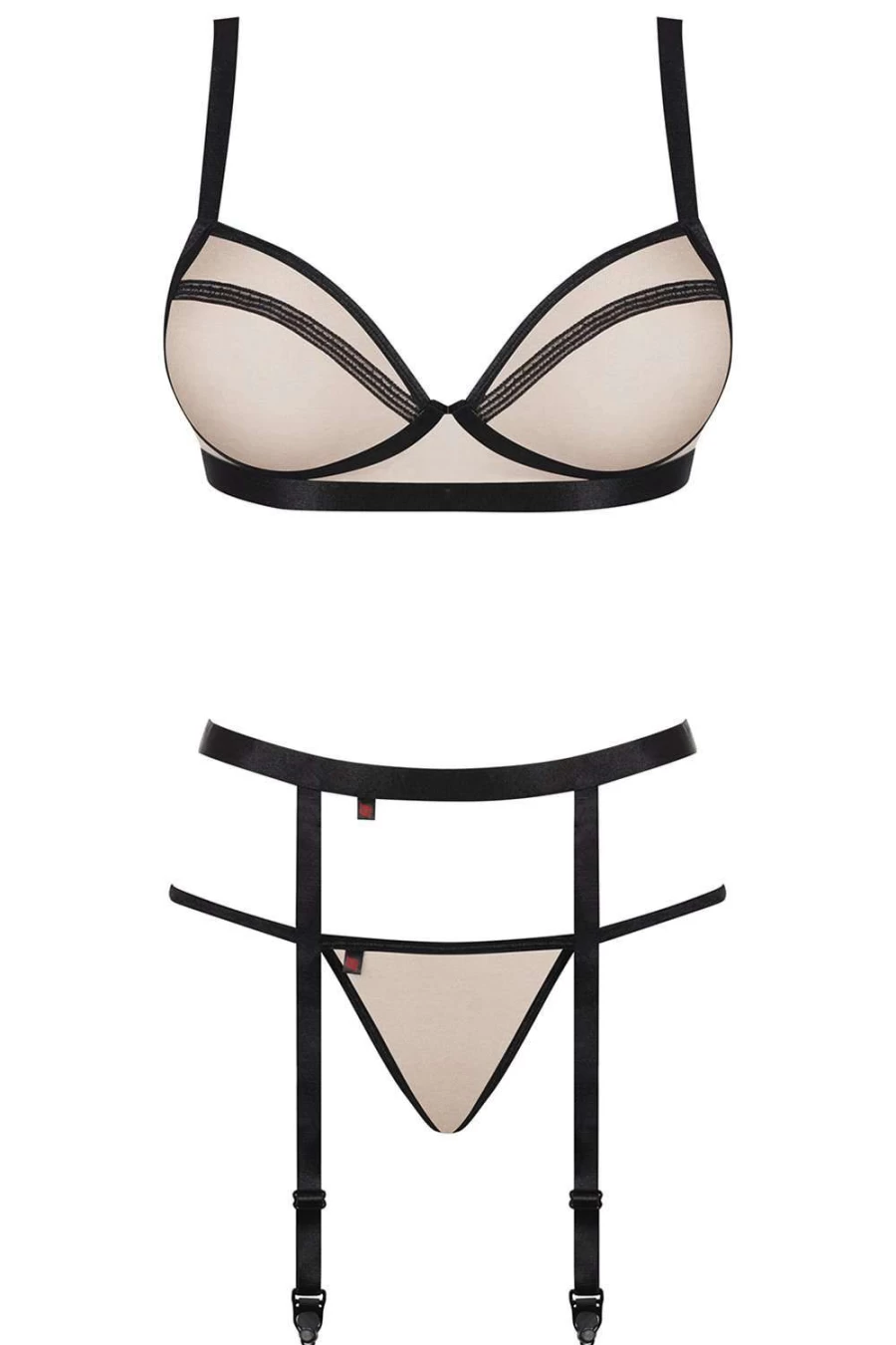 Obsessive Nudelia Lace Bra, Thong & Garter Belt Set in Nude/Black - Sexy Lingerie