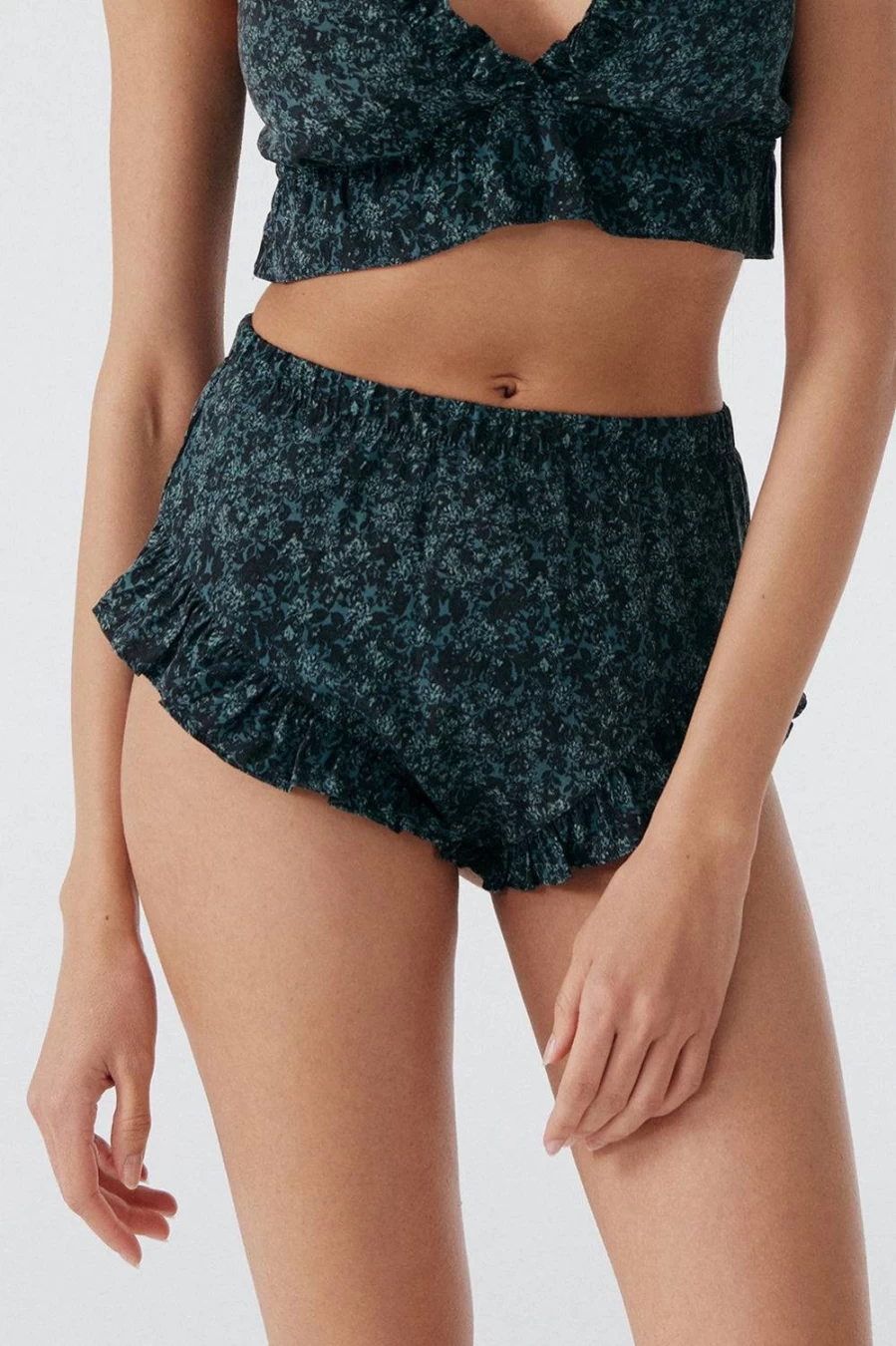 Else Women's Cedar & Black Silk Ruffled Shorts - Botanist Floral Design