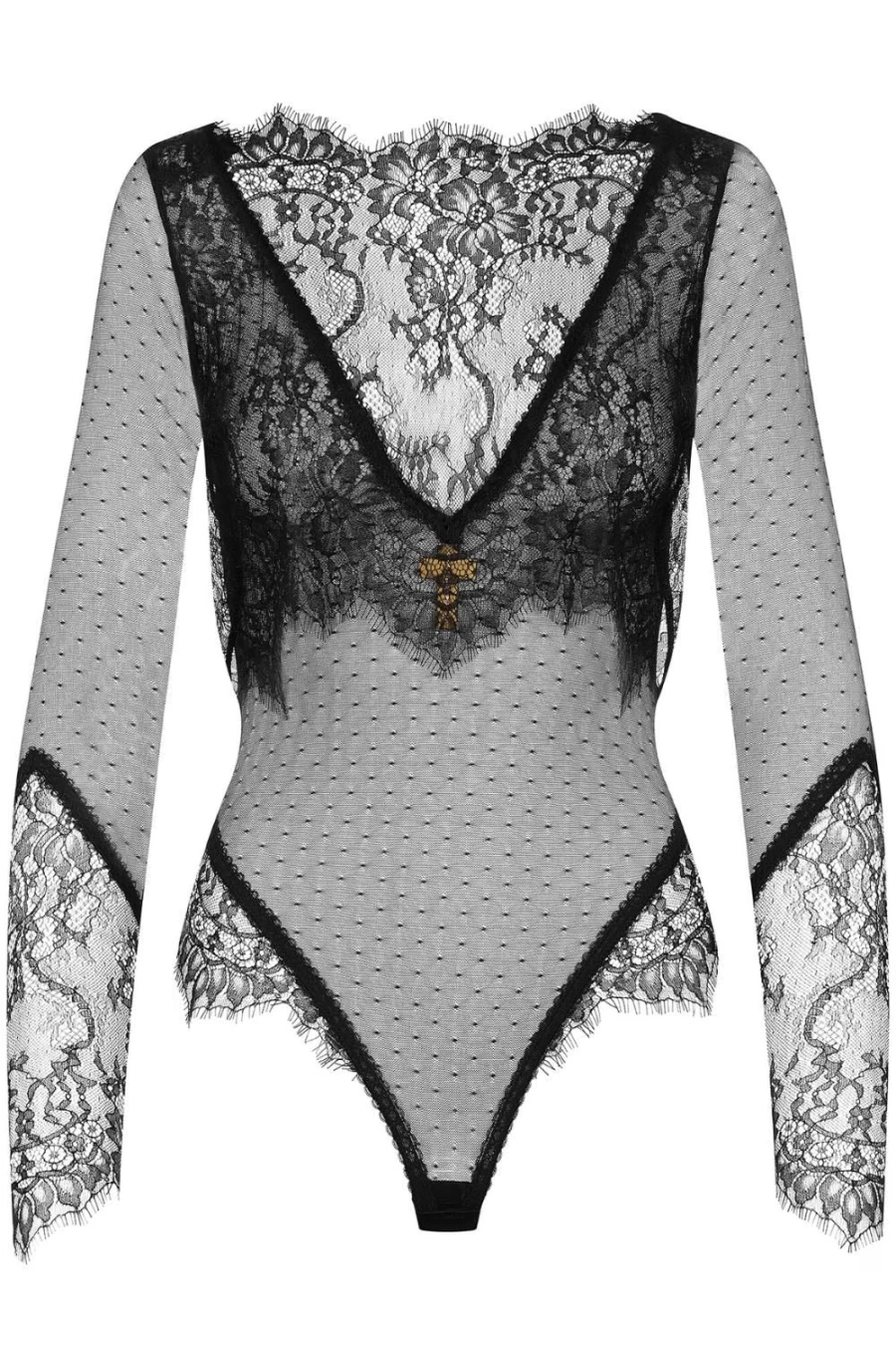 Maison Close Black Lace Long Sleeve Bodysuit - Divine Inspiration Veil Thong Lingerie