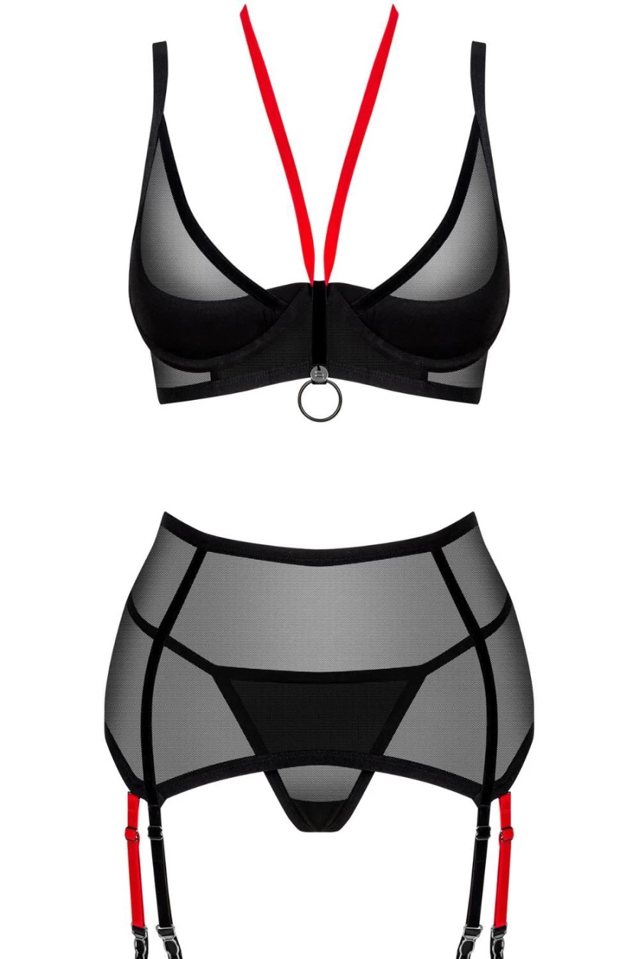 Obsessive Black Glandez Lingerie Set - Bra, Thong & Suspender Belt for Women