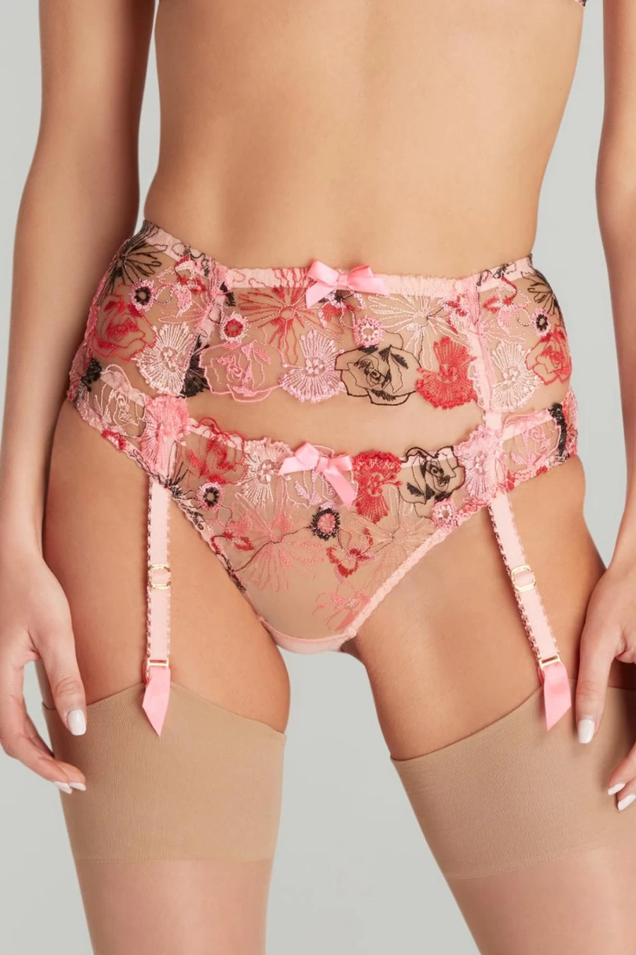 Agent Provocateur Zuri Suspender Lingerie in Pink, Red & Sand - Adjustable Straps & Elegant Design