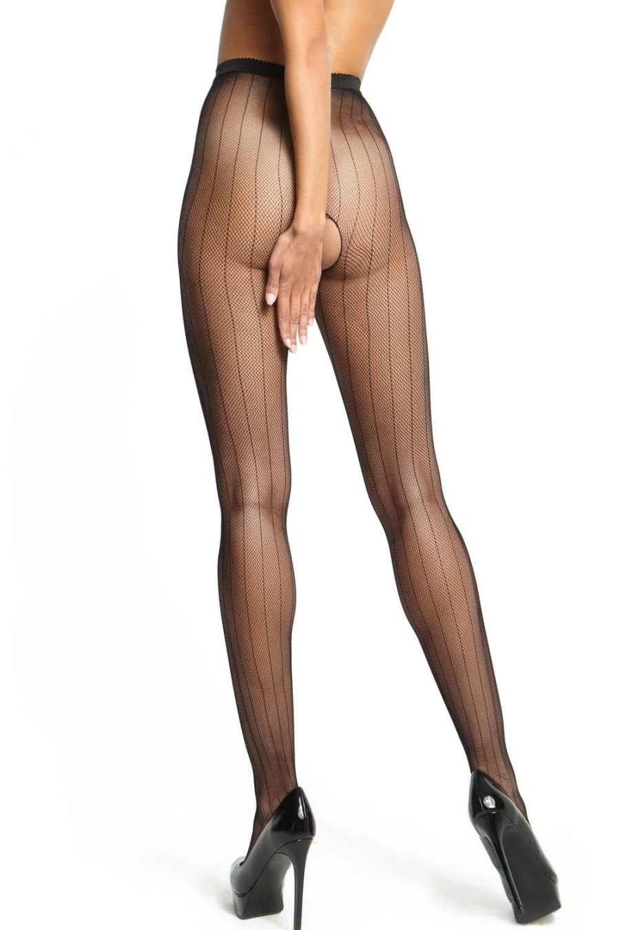 Miss O Black Open Crotch Seamed Fishnet Tights 20 Denier Lingerie Stockings