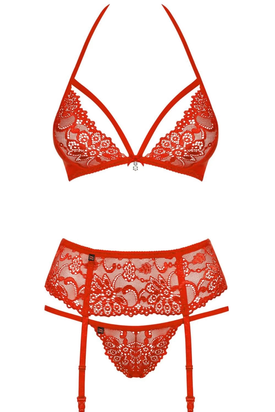Obsessive Red Lace 838 Bra, Thong & Garter Belt Set - Sexy Lingerie