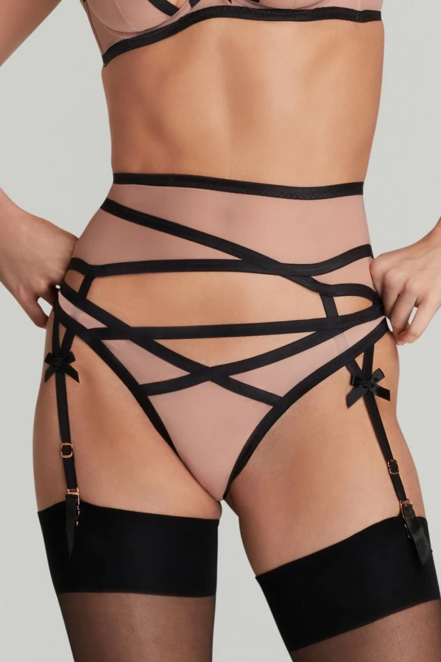 Agent Provocateur Joan Suspender in Mink & Black - Luxury Lingerie Garter Belt