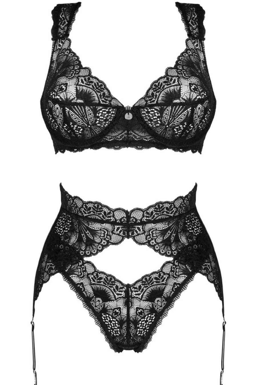 Obsessive Donna Dream Lace Bra, Thong & Suspender Set in Black - Seductive Lingerie