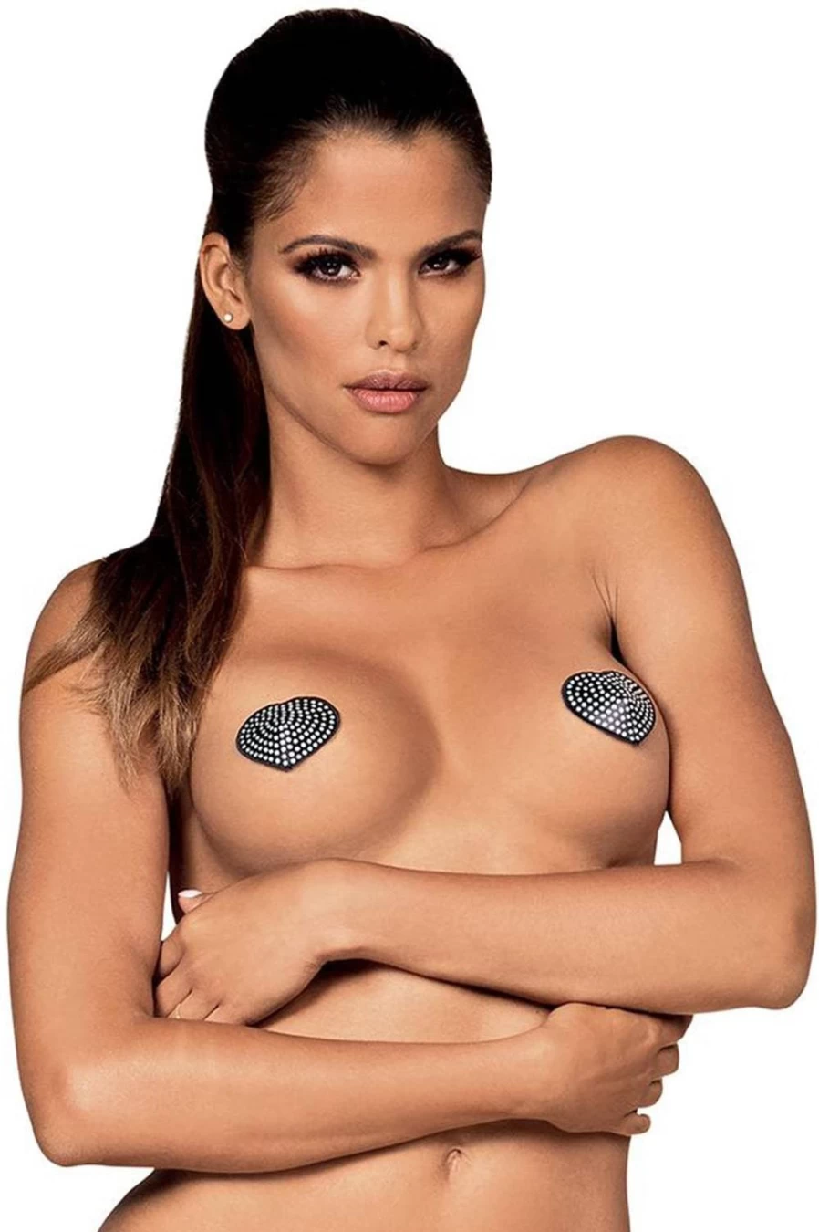 Obsessive Black A750 Crystal Heart Nipple Covers - Adhesive, Reusable, Invisible Pasties for Women