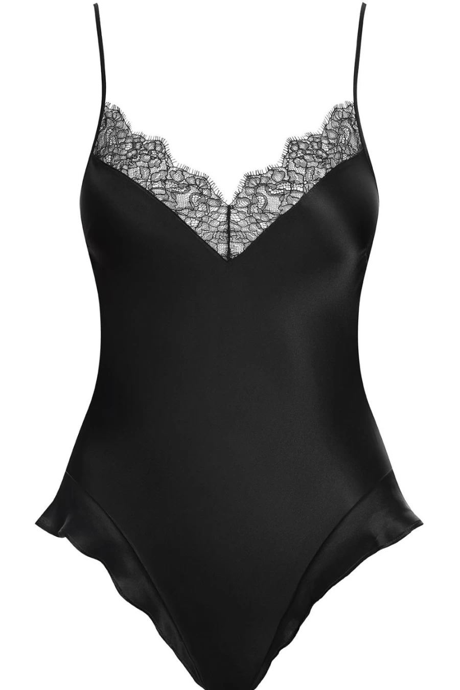 Maison Close Black Rendez-Vous Silk & Lace V-Neck Thong Bodysuit - Luxury Lingerie