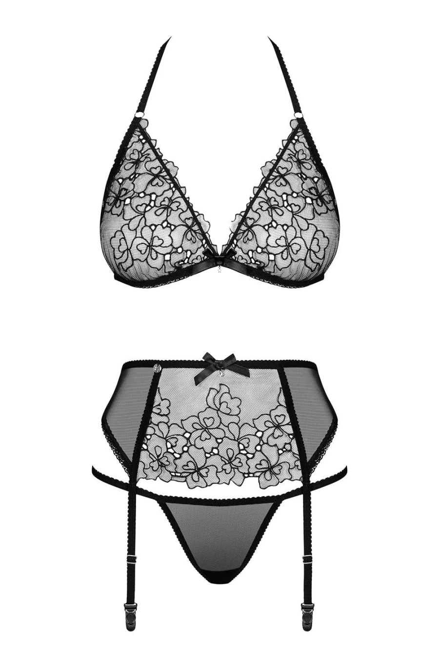 Obsessive Black Uniquella Lingerie Set - Bra, Thong & Garter Belt