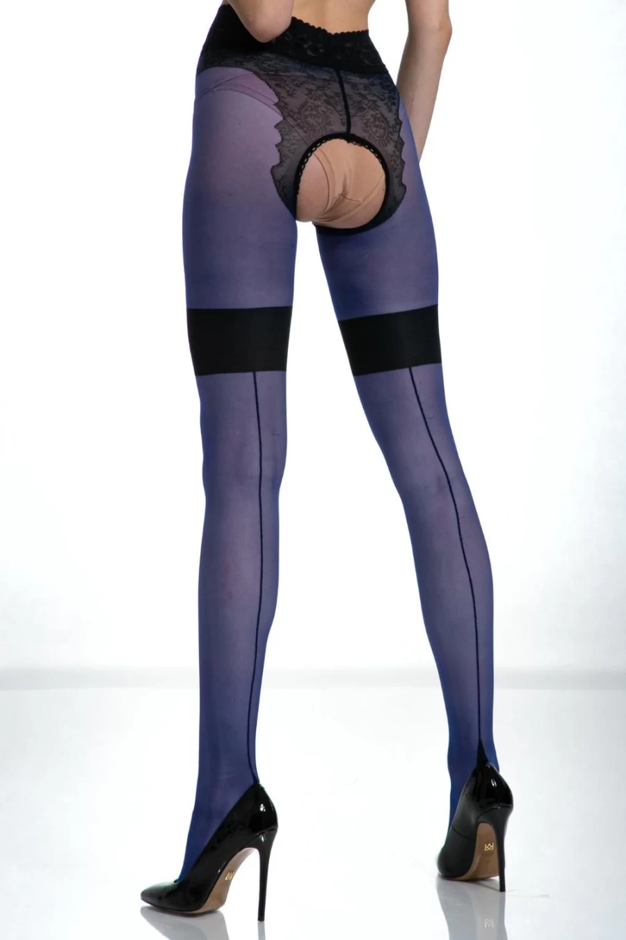 Amour Very Peri/Black 30 Denier Crotchless Tights - Diva Style Lingerie